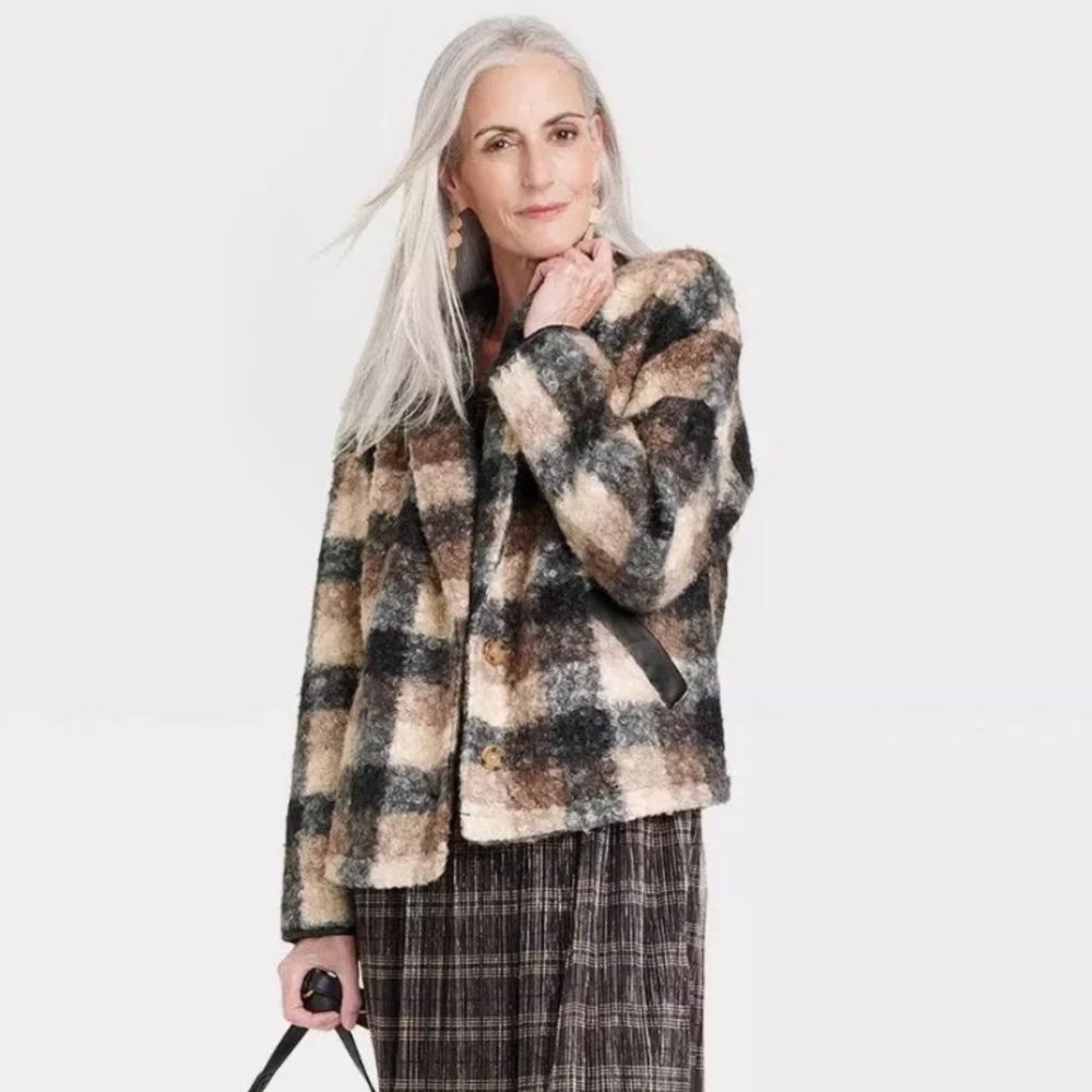 Neutral Plaid Blazer Coat